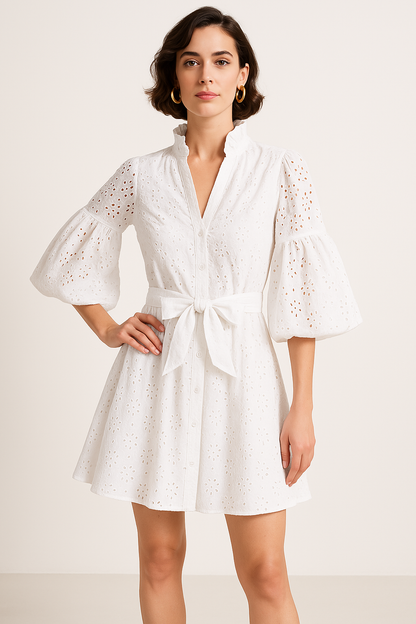 Dame Cardigan Kjole – A-Line Pasform – 100% Bomuld – Broderie Anglaise – Bindebånd