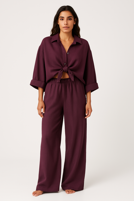 Women's Outfit Set – Oversized Shirt with Tie Front – Wide Pants – Light and Breathable