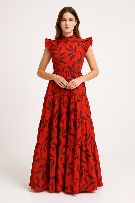 Women's Maxi Dress – Lightweight Ruffle Skirt – Ruched Waist – Print – Elegant Fit