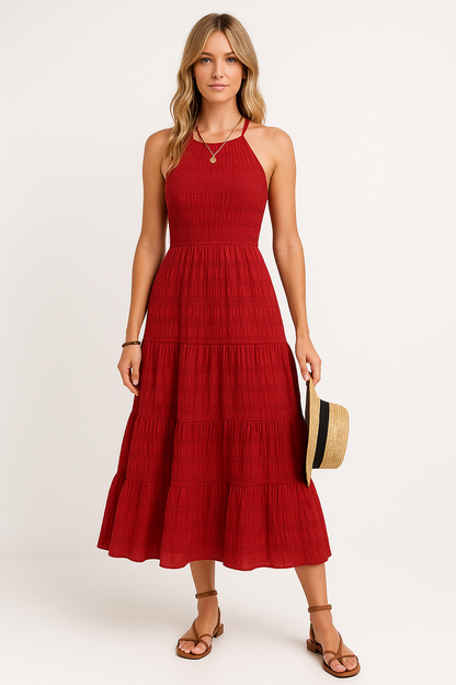 Dress for Women – Halterneck – A-line Fit – Ruched Texture – Layered Maxi