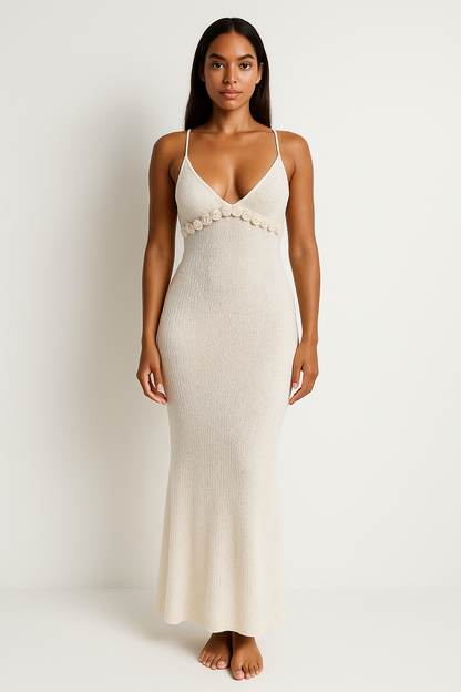 Women's Dress – Bodycon Fit – Spaghetti Straps – 3D Flowers – Soft Knit – Full Length