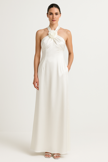 Dress for Women – Evening Dress in Luxury Fabric – Halterneck – Floral Detail – Long Fit