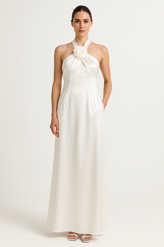 Dress for Women – Evening Dress in Luxury Fabric – Halterneck – Floral Detail – Long Fit