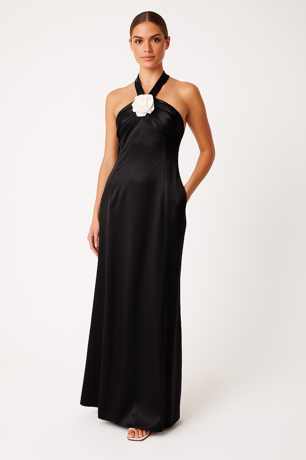 Dress for Women – Evening Dress in Luxury Fabric – Halterneck – Floral Detail – Long Fit