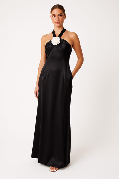 Dress for Women – Evening Dress in Luxury Fabric – Halterneck – Floral Detail – Long Fit