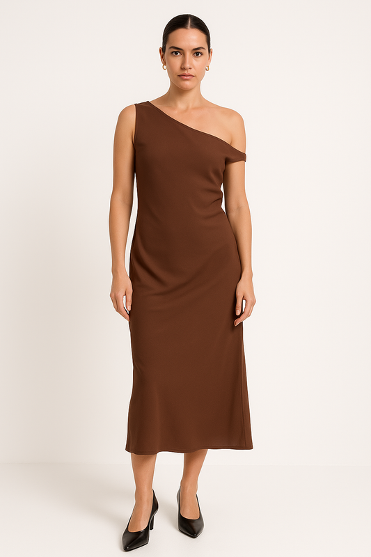 Dress for women – Slim fit – One shoulder – Asymmetric neckline – Ankle length – Natural fibers