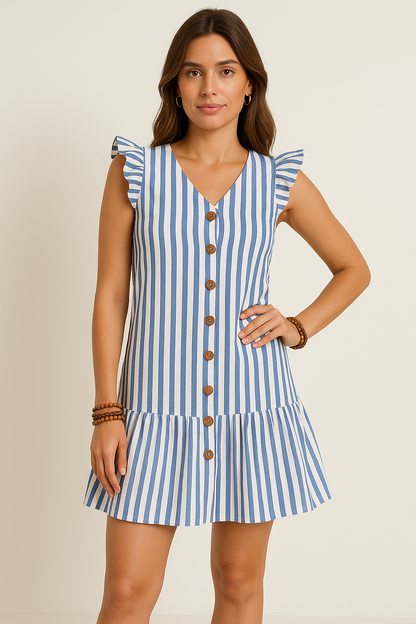 Dress for Women – Mini – Relaxed Fit – V-Neck – Ruffle Sleeves – Buttons – Striped