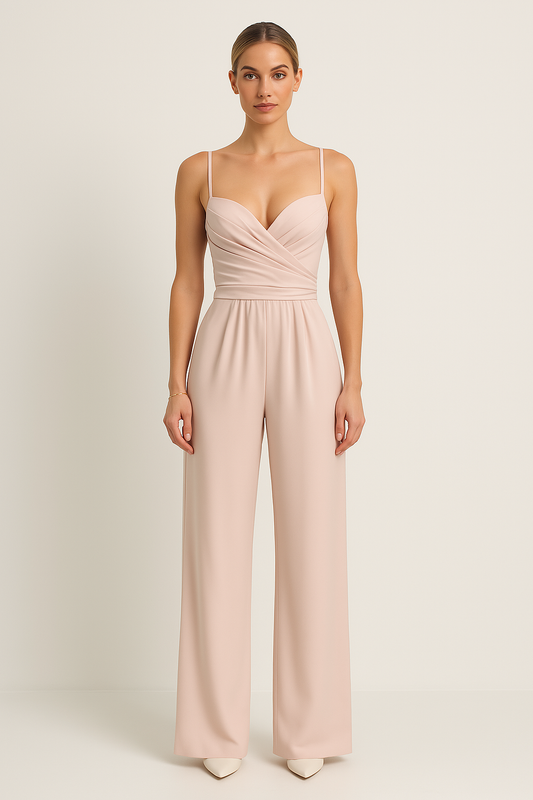 Women's Jumpsuit – Elegant Fit – Heart Neckline – Ruched Bodice – Wide Legs