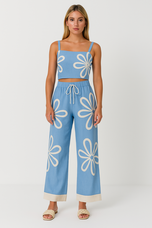 Women's Set with Cami and Wide Pants – Lightweight – Floral Print – Relaxed Fit