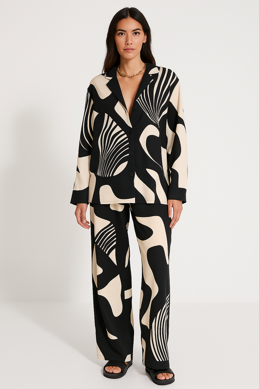 Women's Set – Long-Sleeved Shirt with Buttons – High Waist Wide Pants – Loose Fit