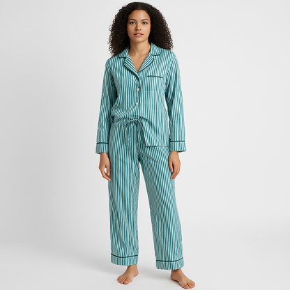 Dame Loungewear Sæt – Bomuldsblanding – Afslappet Pasform – Stribet – Knaplukning – Snøre i Taljen