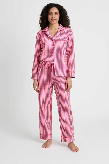 Dame Loungewear Sæt – Bomuldsblanding – Afslappet Pasform – Stribet – Knaplukning – Snøre i Taljen