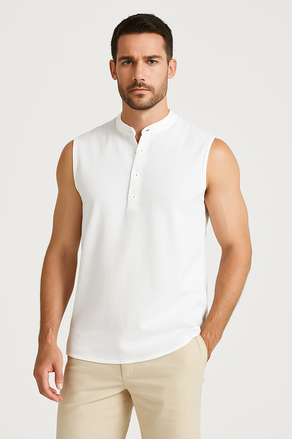 Men's Vest – Sleeveless – Light Cotton Blend – Mandarin Collar – Relaxed Fit