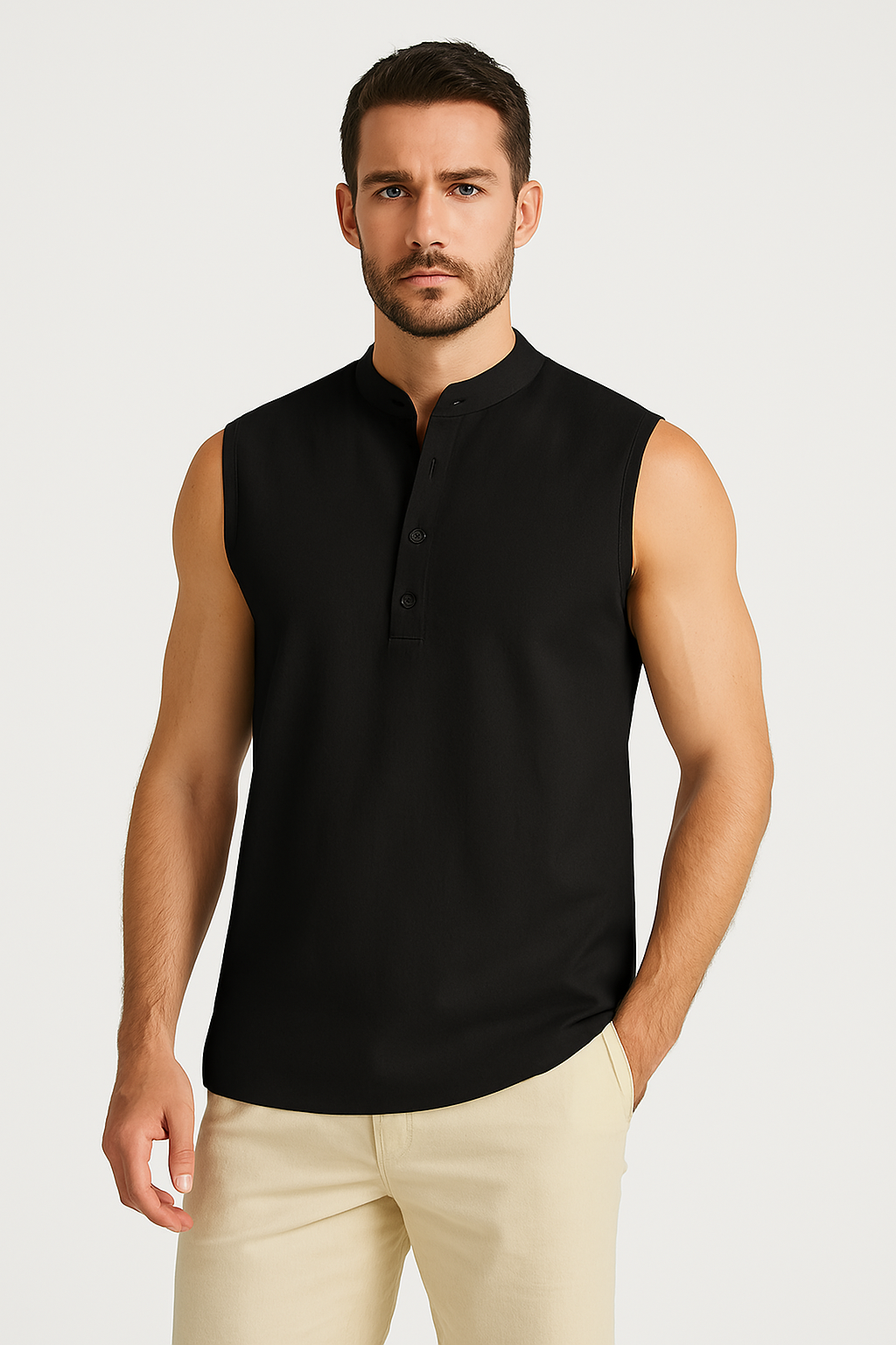 Men's Vest – Sleeveless – Light Cotton Blend – Mandarin Collar – Relaxed Fit