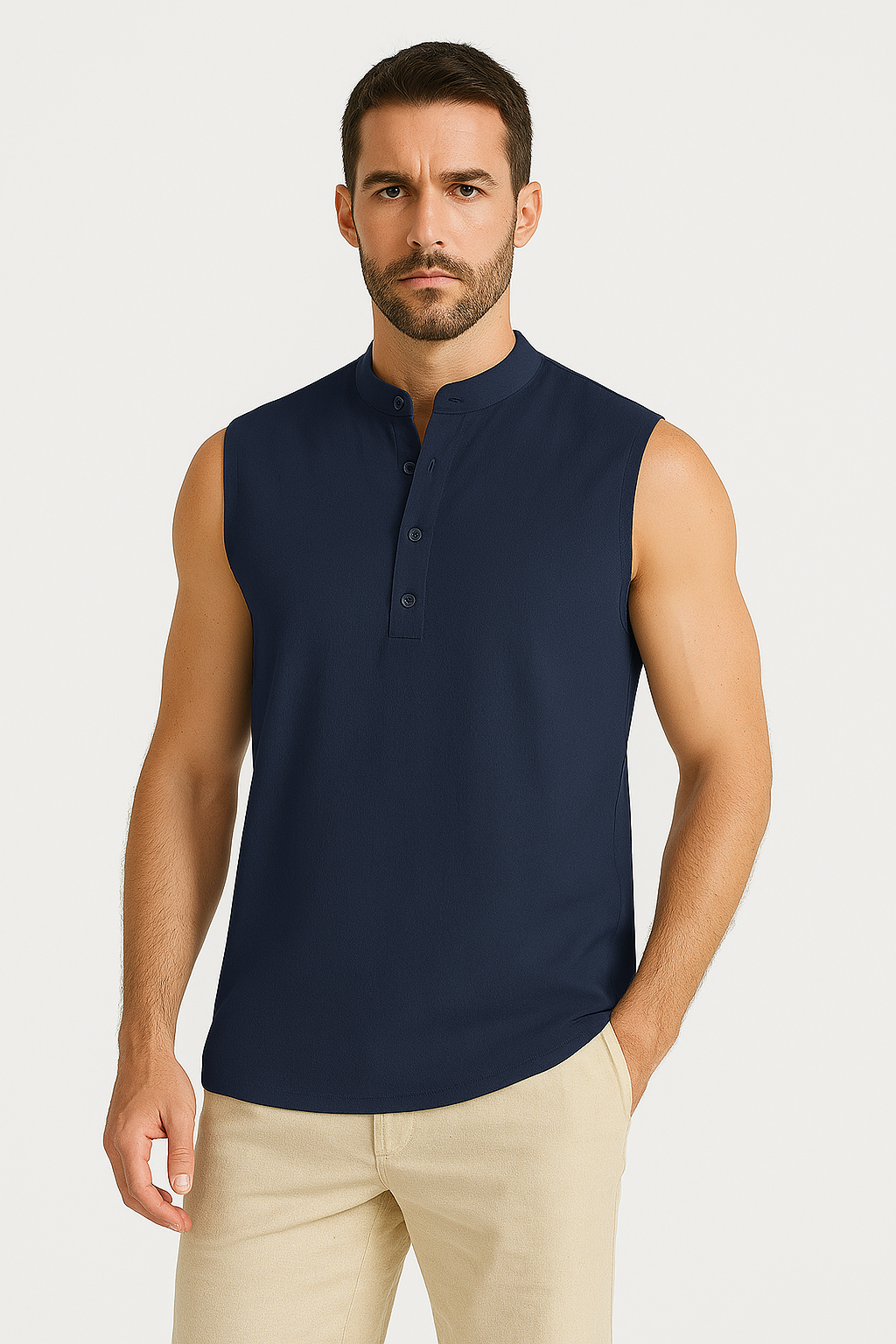 Men's Vest – Sleeveless – Light Cotton Blend – Mandarin Collar – Relaxed Fit
