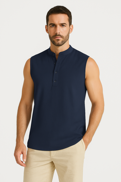 Men's Vest – Sleeveless – Light Cotton Blend – Mandarin Collar – Relaxed Fit