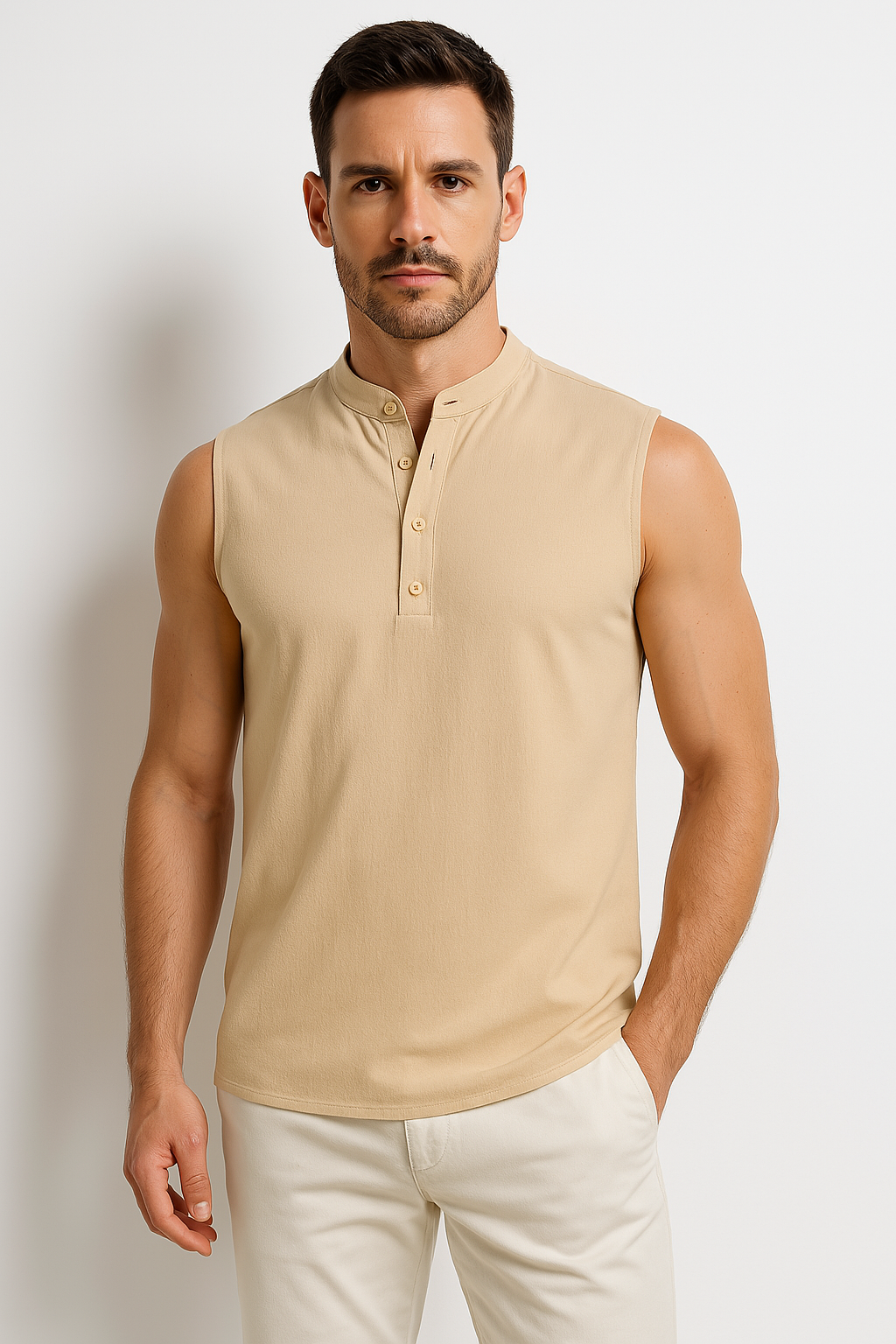 Men's Vest – Sleeveless – Light Cotton Blend – Mandarin Collar – Relaxed Fit