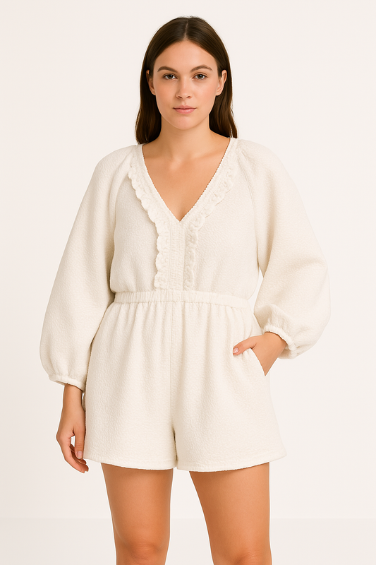 Women's Romper – V-neck – Puff Sleeves – Ruched Waist – Soft Cotton Blend – Pockets