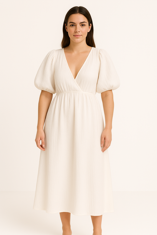 Women's Long Dress – V-Neck – Puff Sleeves – Soft Texture – Relaxed Flowy Fit