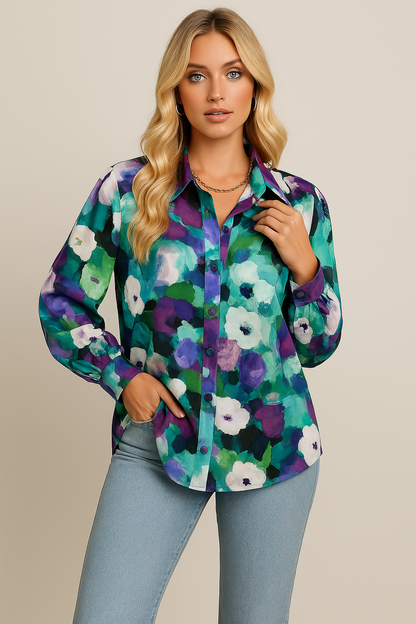 Dame Skjorte – Afslappet Pasform – Blomstret Print – Let Bomuld – Knaplukning