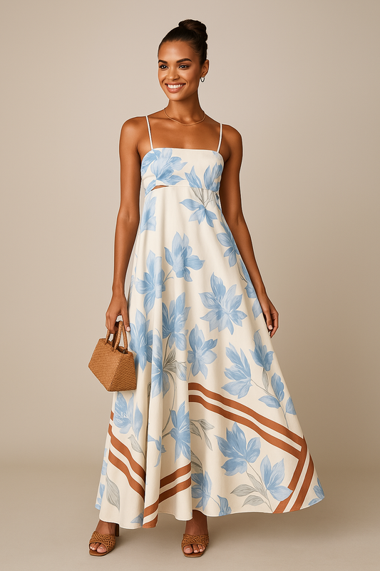Dress for Women – Maxi A-line – Lightweight – Floral Print – Backless with Straps