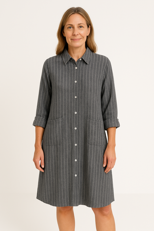 Women's Shirt – Midi Length – Relaxed Fit – Cotton – Striped with 3/4 Sleeves