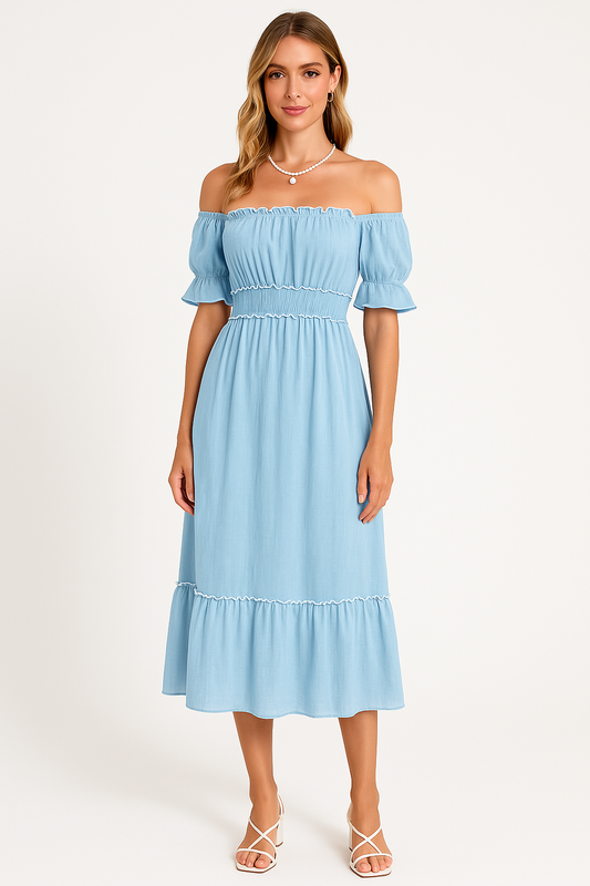 Women's Midi Dress – Off-Shoulder – Cotton Blend – Ruched Ruffle Edge – Boho Fit