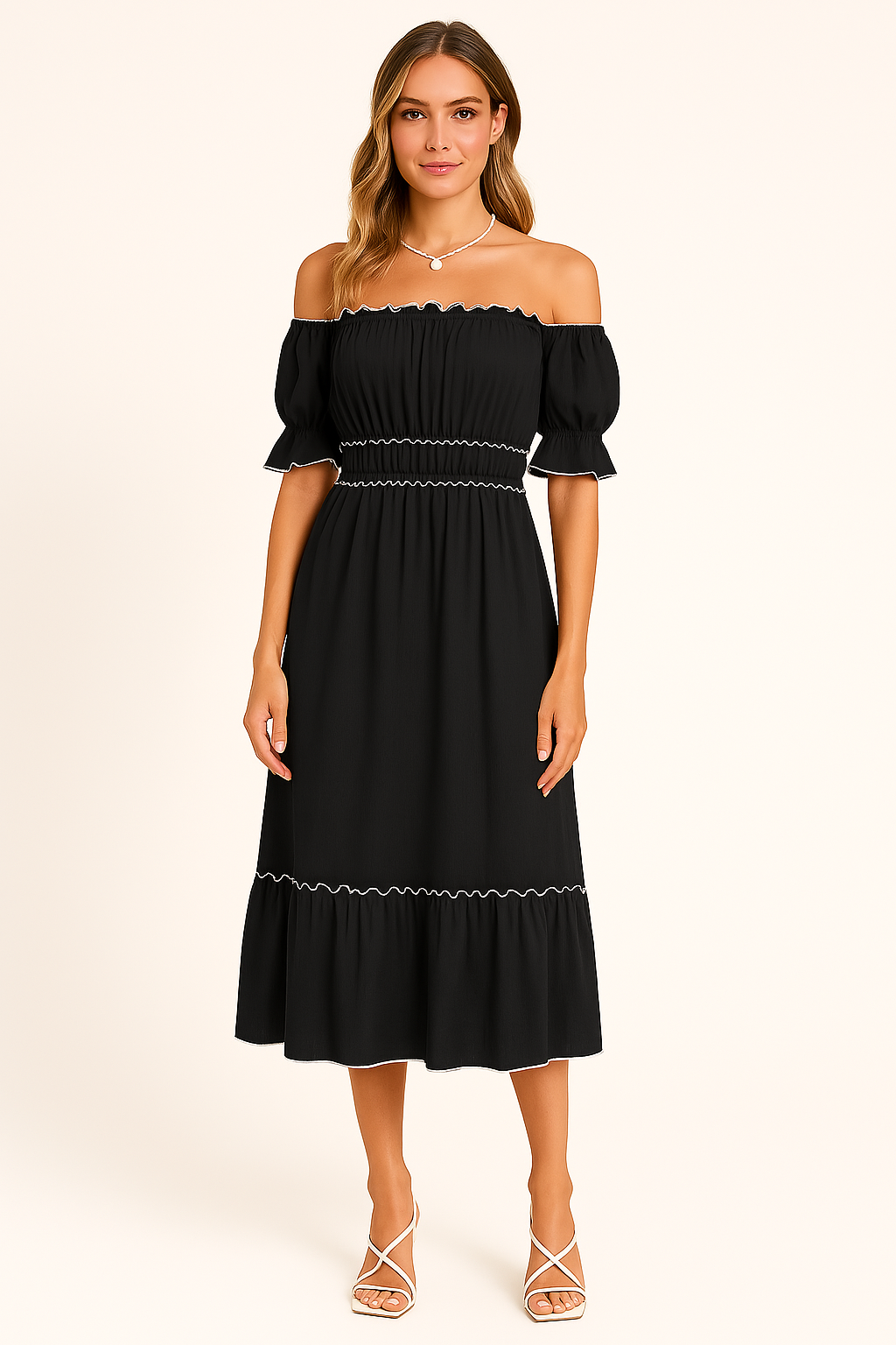 Dame Midikjole – Off-Shoulder – Bomuldsblanding – Rynket Flæsekant – Boho Pasform