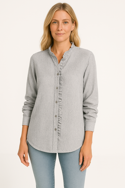 Women's Blouse – Relaxed Fit – Textured Woven Fabric – Long Sleeves – Button Closure with Ruffle Edge
