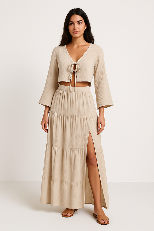 Women's Set – Cotton Linen – Cropped Cardigan with Tie – High Slit Skirt