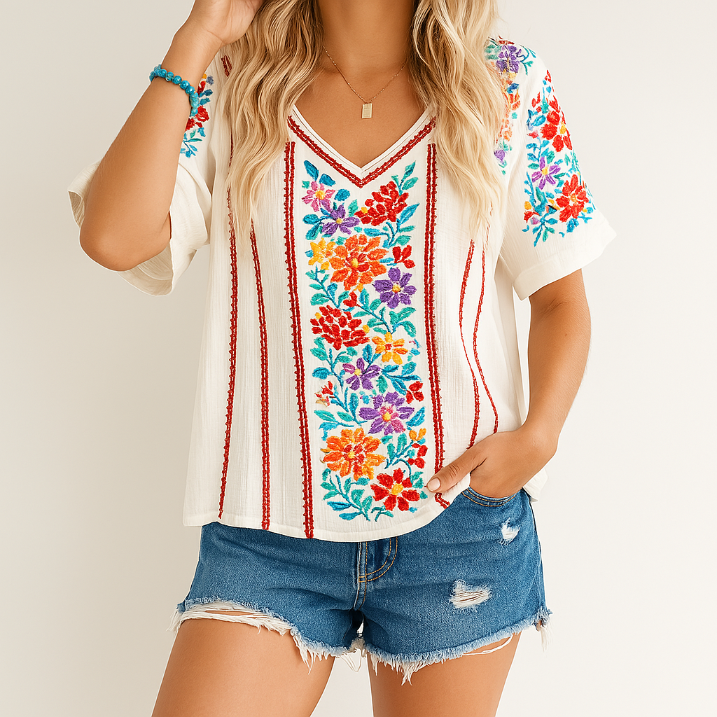 Women's V-Neck T-Shirt – Relaxed Fit – Soft Cotton Blend – Floral Pattern