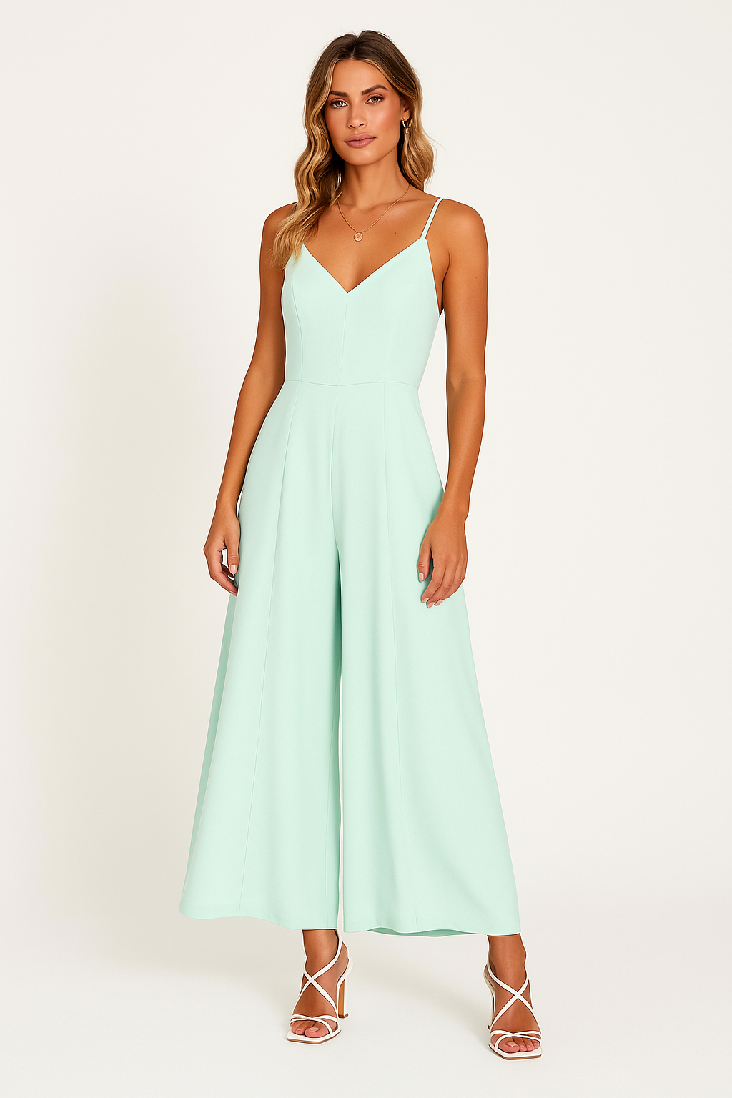 Dame Jumpsuit – V-Hals – Spaghettistropper – Vidde Ben – Afslappet Pasform – Taljemarkering