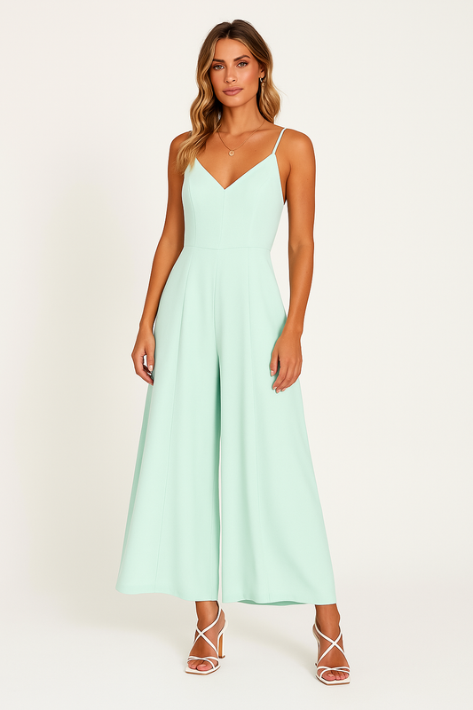 Women's Jumpsuit – V-neck – Spaghetti Straps – Wide Legs – Relaxed Fit – Waist Definition