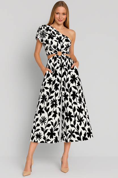 Women's Jumpsuit – One Shoulder – Waist Cutout – Wide Legs – Light Cotton Blend