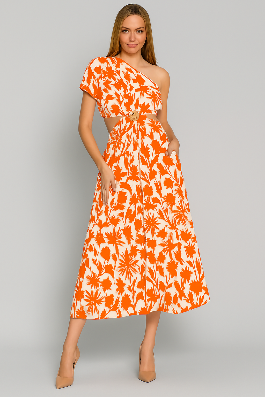 Women's Jumpsuit – One Shoulder – Waist Cutout – Wide Legs – Light Cotton Blend