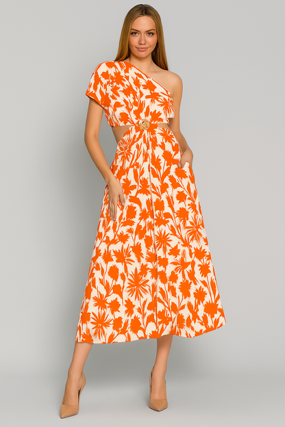 Women's Jumpsuit – One Shoulder – Waist Cutout – Wide Legs – Light Cotton Blend