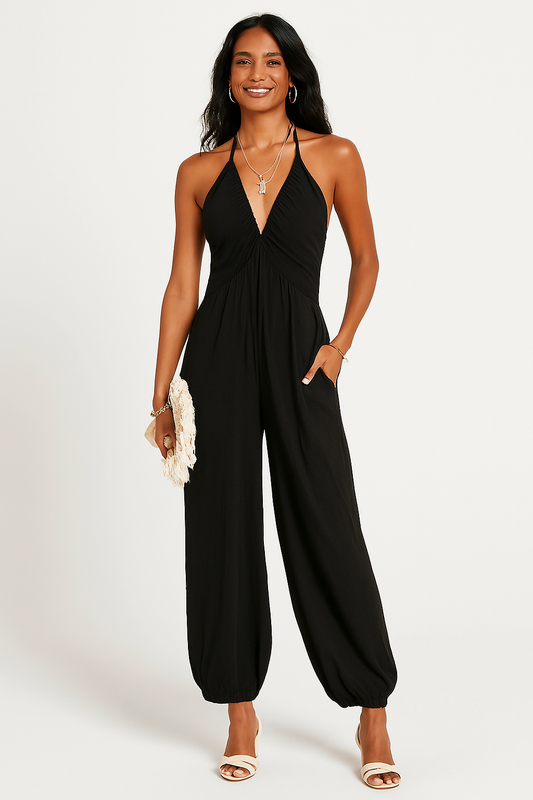 Women's Jumpsuit – Sleeveless Halterneck – Deep V-neckline – Relaxed Fit – Tapered Leg – Pockets