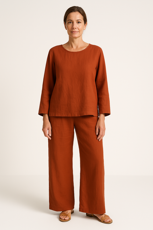 Women's Set – Linen – Relaxed Fit – Long-Sleeved Top – Wide Pants