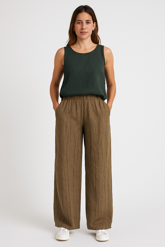 Women's Pants – Relaxed Fit – Cotton Linen – Elastic Waist – Full Length