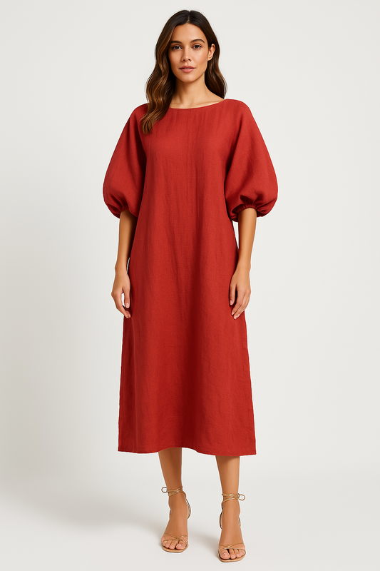 Women's Long Dress – Loose Fit – Puff Sleeves – Round Neck – Light and Breathable