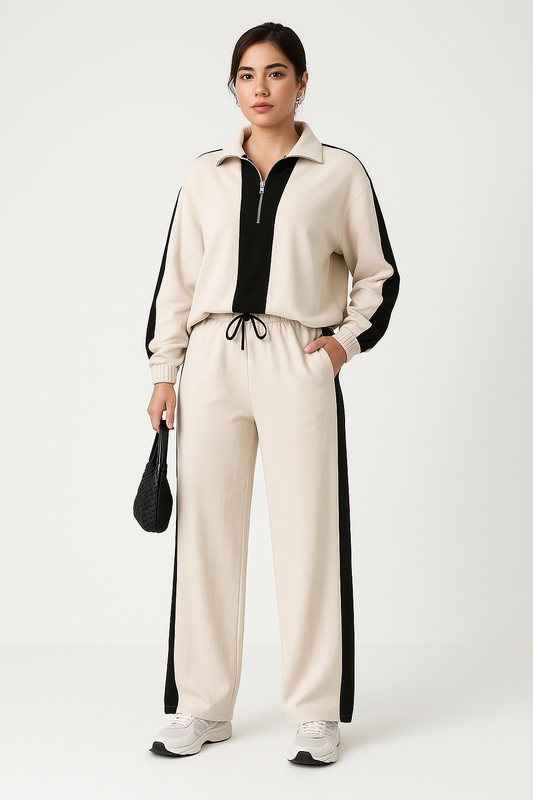 Women's Two-piece Set – Casual Fit Zip Collar Top & Wide Pants – Breathable Design