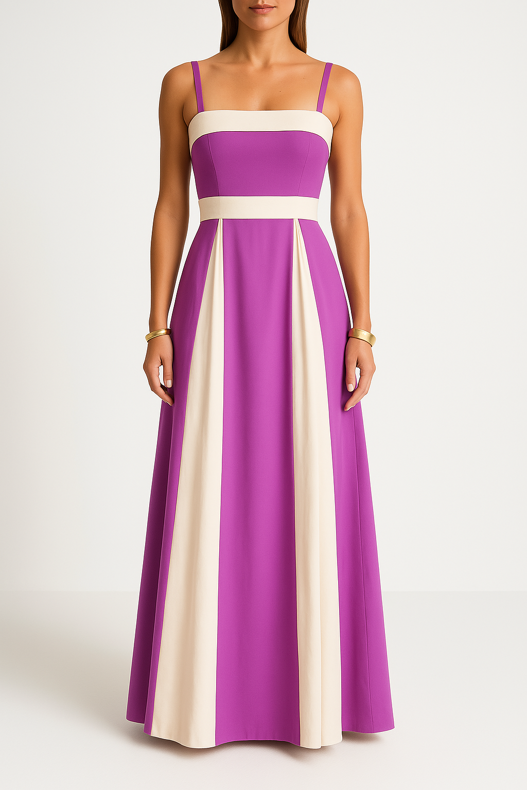 Dame Maxi Kjole – Høj Talje – Slankt Snit – Farveblok – Elegant Formelt Look