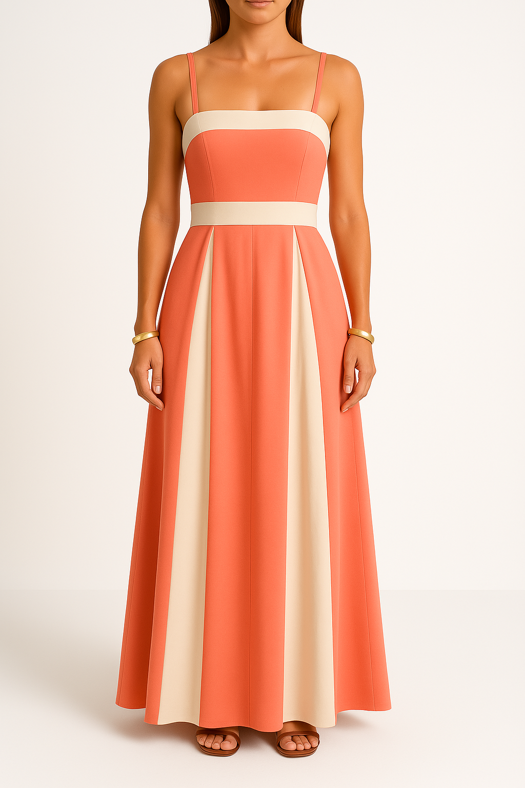 Dame Maxi Kjole – Høj Talje – Slankt Snit – Farveblok – Elegant Formelt Look