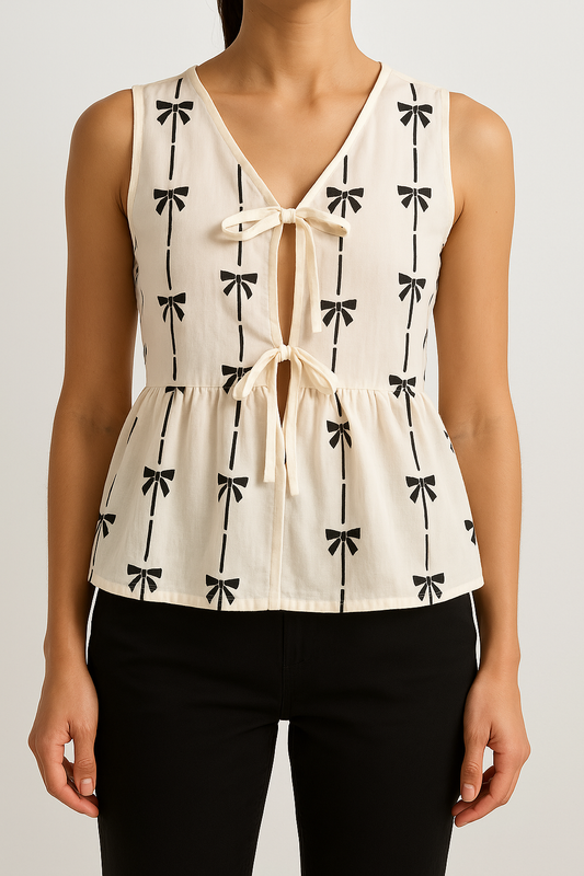 Women's Sleeveless Blouse – Relaxed Fit – Cotton or Linen – Bow Detail Front