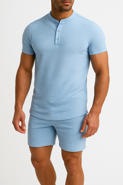 Herre Henley T-shirt – Slim Fit – Kort Ærme – Bomuld Hørblanding – Åndbar