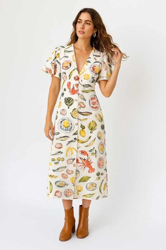 Women's Dress – Linen – Loose Fit – V-Neck – Short Sleeve – Midi – Artistic Print