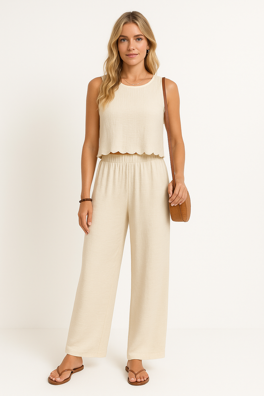 Women's Set with Sleeveless Top and Wide Pants – Relaxed Fit – Lightweight Woven Fabric