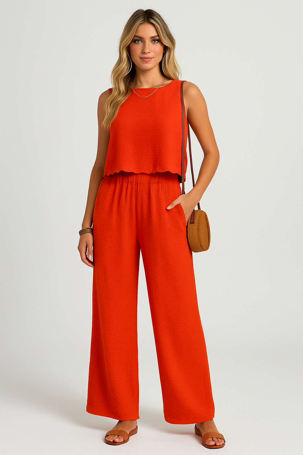 Women's Set with Sleeveless Top and Wide Pants – Relaxed Fit – Lightweight Woven Fabric