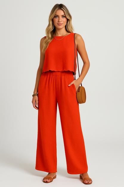 Women's Set with Sleeveless Top and Wide Pants – Relaxed Fit – Lightweight Woven Fabric