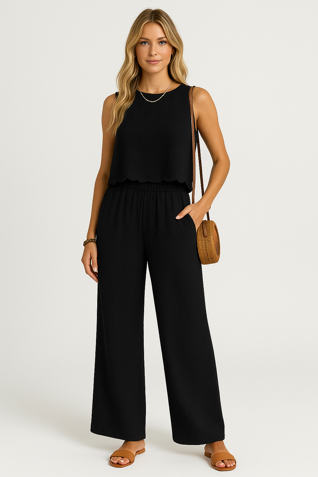 Women's Set with Sleeveless Top and Wide Pants – Relaxed Fit – Lightweight Woven Fabric